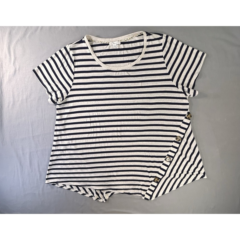 89th & Madison Women's 2X Asymmetrical Buttons Striped Shirt Summer‎ Vacation